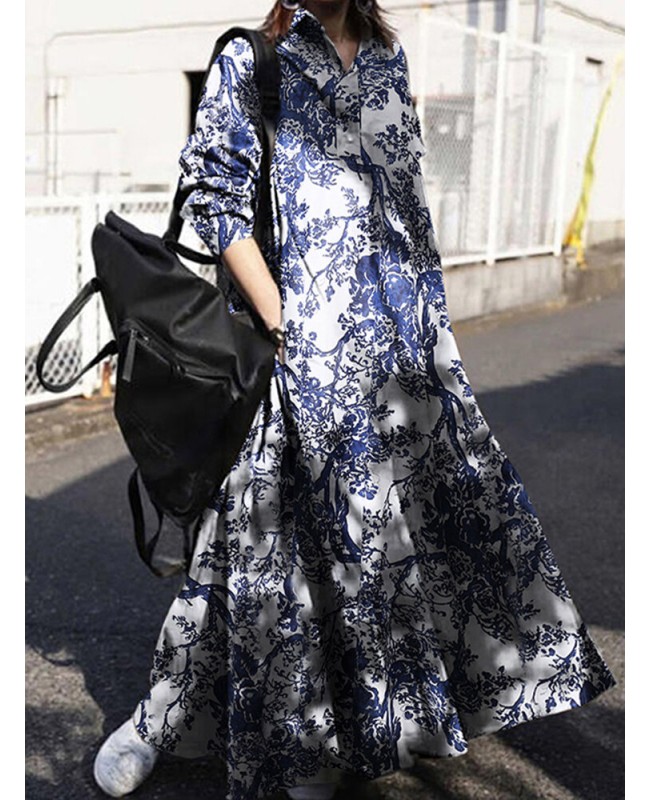 Women Retro Turn-down Collar Long Sleeve Vintage Shirt Maxi Dress With Pocket - White S