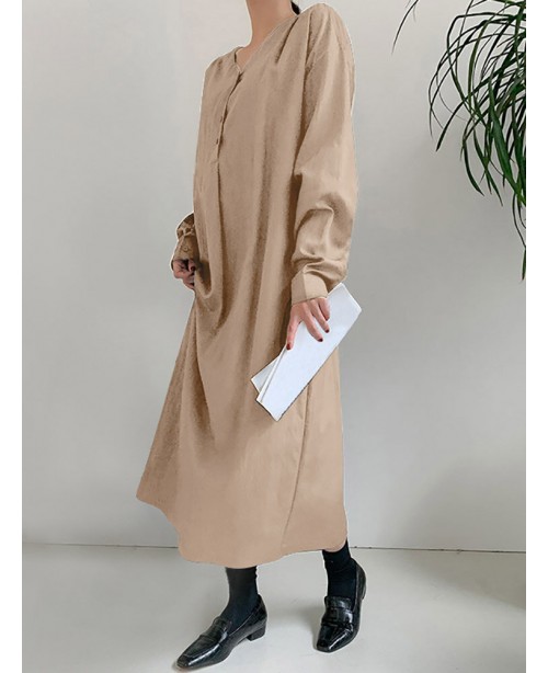 Solid Color Long Sleeve V-neck Shirt Dress With Be...