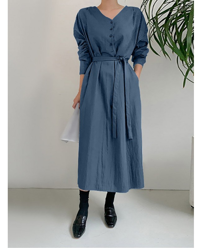 Solid Color Long Sleeve V-neck Shirt Dress With Belt - Black S