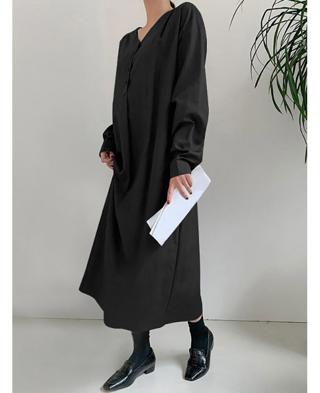Solid Color Long Sleeve V-neck Shirt Dress With Belt - Black S
