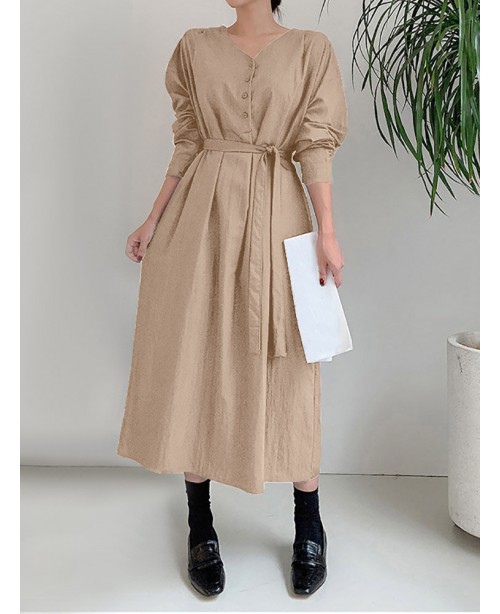 Solid Color Long Sleeve V-neck Shirt Dress With Be...
