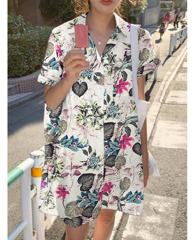 Cottagecore Plant Print Pocket Button Split Cotton Shirt Dress - Yellow 4XL