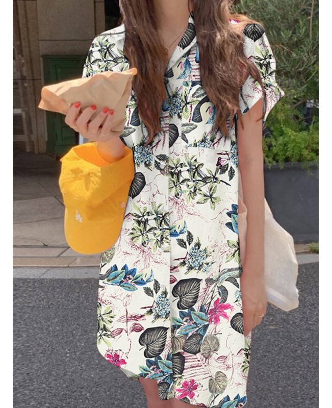 Cottagecore Plant Print Pocket Button Split Cotton Shirt Dress - Yellow 4XL