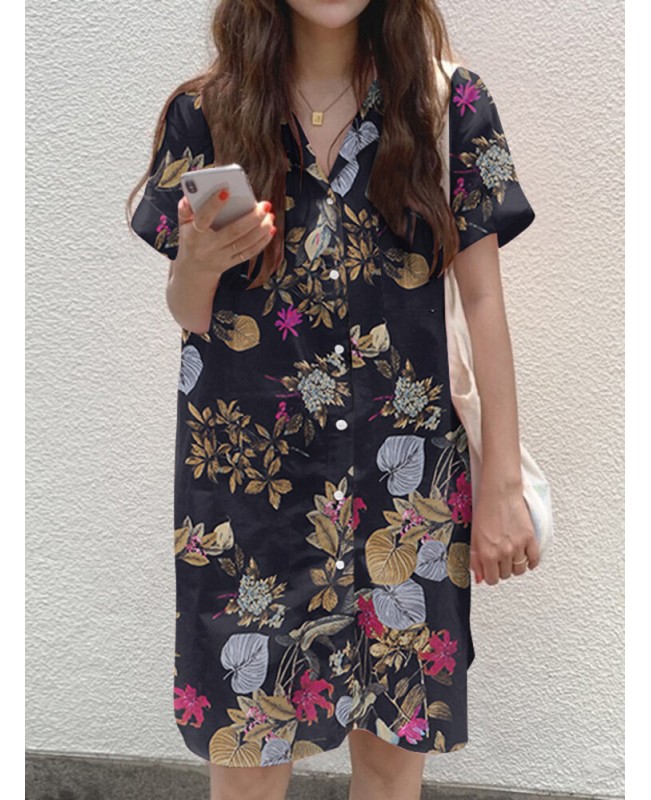Cottagecore Plant Print Pocket Button Split Cotton Shirt Dress - Yellow 4XL
