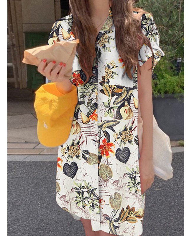 Cottagecore Plant Print Pocket Button Split Cotton Shirt Dress - Yellow 4XL