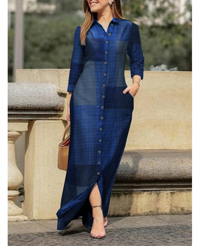 Casual Plaid Print Lapel Button Long Sleeve Shirt Maxi Dress For Women - Navy S