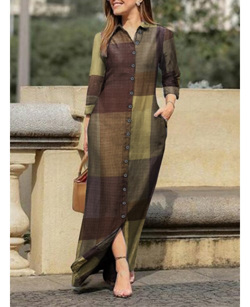 Casual Plaid Print Lapel Button Long Sleeve Shirt ...