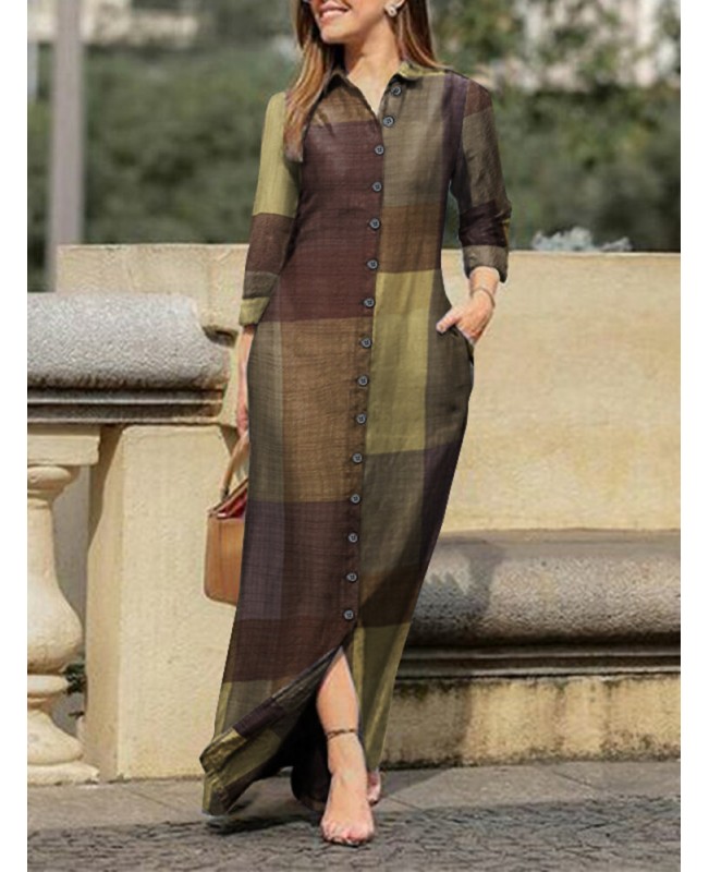 Casual Plaid Print Lapel Button Long Sleeve Shirt Maxi Dress For Women - Navy S