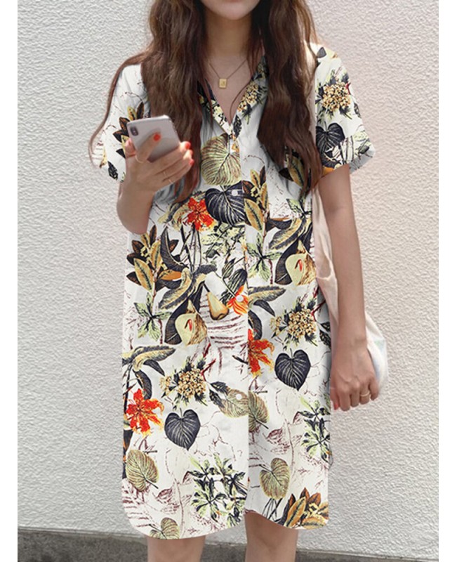 Cottagecore Plant Print Pocket Button Split Cotton Shirt Dress - Yellow 4XL