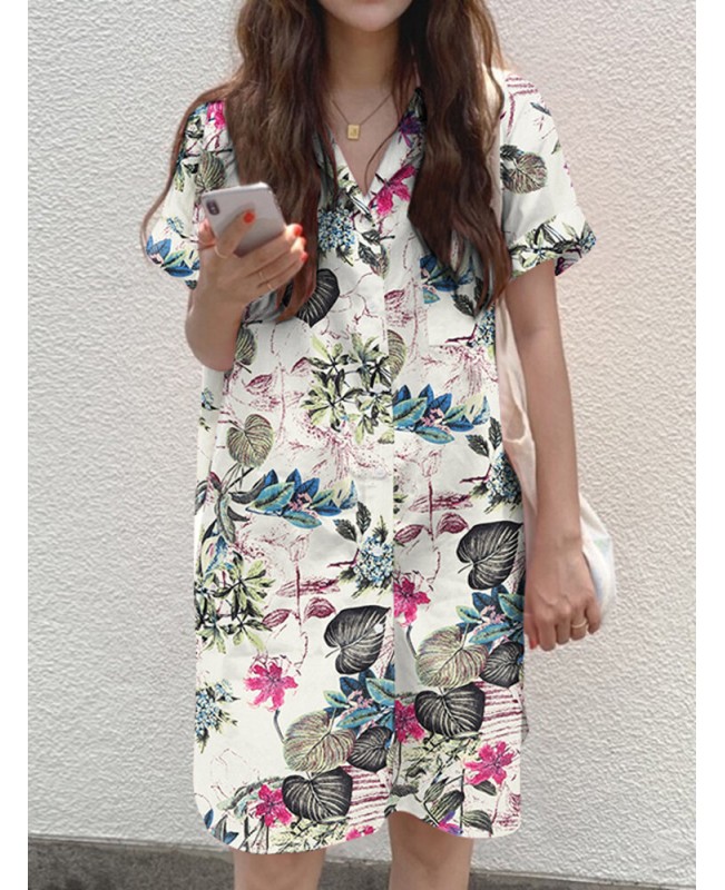 Cottagecore Plant Print Pocket Button Split Cotton Shirt Dress - Yellow 4XL
