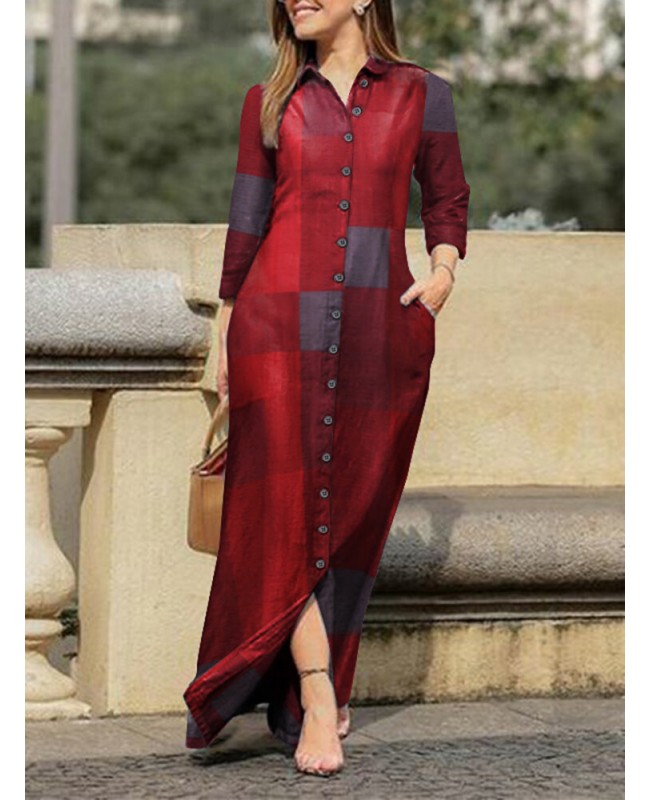 Casual Plaid Print Lapel Button Long Sleeve Shirt Maxi Dress For Women - Navy S