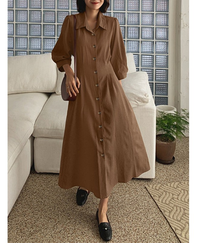 Solid Button Pleated 3/4 Sleeve Lapel Knotted Shirt Dress - Black S