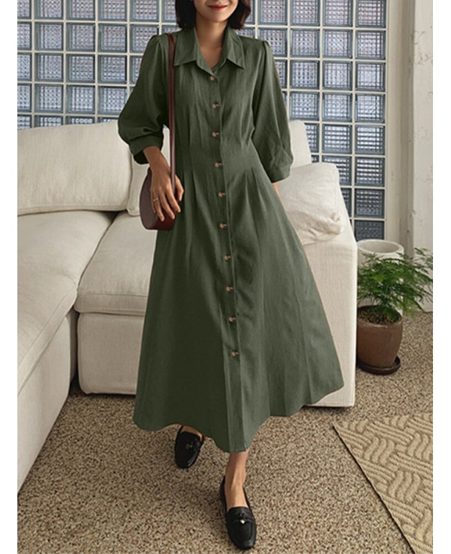 Solid Button Pleated 3/4 Sleeve Lapel Knotted Shirt Dress - Black S