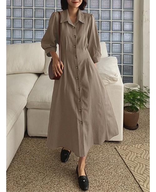 Solid Button Pleated 3/4 Sleeve Lapel Knotted Shir...