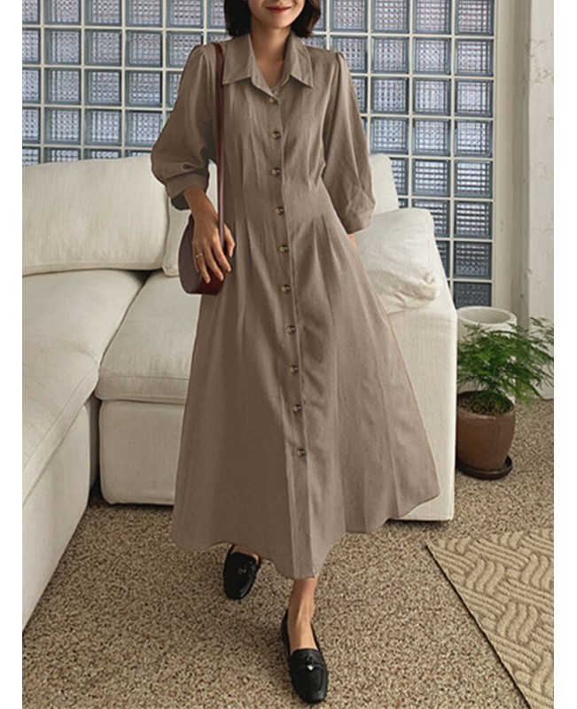 Solid Button Pleated 3/4 Sleeve Lapel Knotted Shirt Dress - Black S