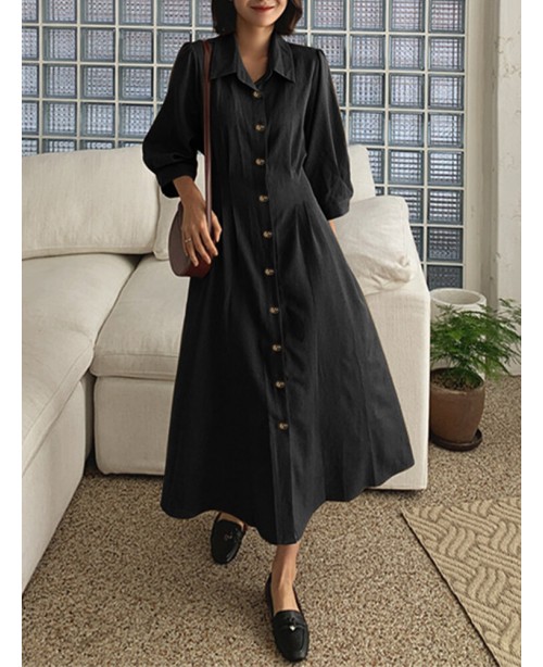Solid Button Pleated 3/4 Sleeve Lapel Knotted Shir...