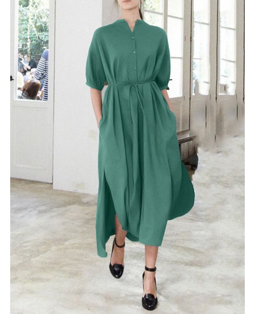 Solid Color Half Sleeve V-neck Knotted Shirt Dress...