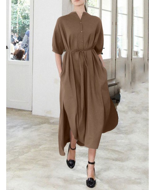 Solid Color Half Sleeve V-neck Knotted Shirt Dress...