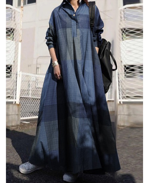 Women Plaid Turn-down Collar Long Sleeve Retro But...