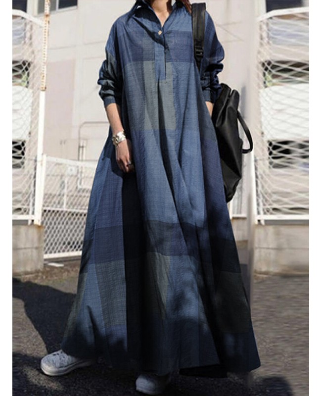 Women Plaid Turn-down Collar Long Sleeve Retro Button Shirt Dresses With Pocket - Yellow S