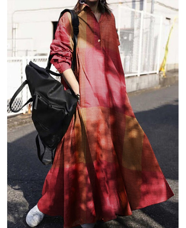 Women Plaid Turn-down Collar Long Sleeve Retro Button Shirt Dresses With Pocket - Yellow S