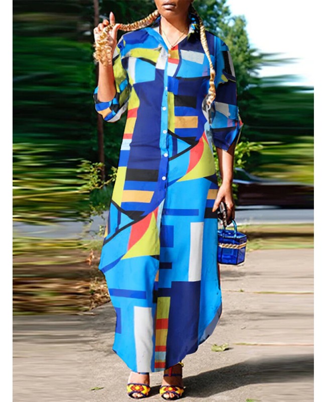 Geo Color Block Pattern Long Sleeve Button Maxi Shirt Dress - White S
