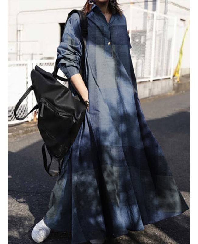 Women Plaid Turn-down Collar Long Sleeve Retro Button Shirt Dresses With Pocket - Yellow S