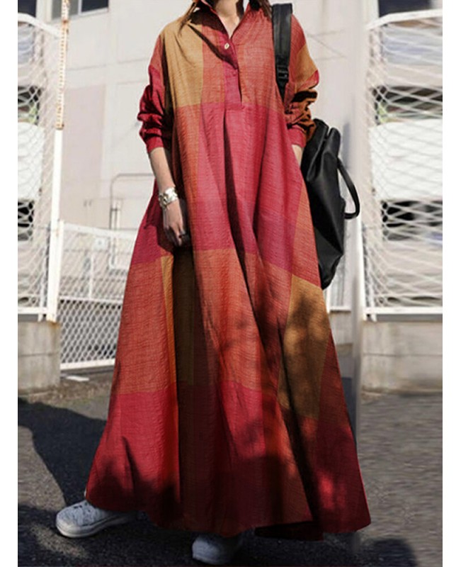 Women Plaid Turn-down Collar Long Sleeve Retro Button Shirt Dresses With Pocket - Yellow S
