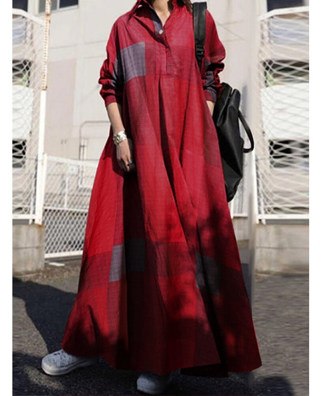 Women Plaid Turn-down Collar Long Sleeve Retro Button Shirt Dresses With Pocket - Yellow S