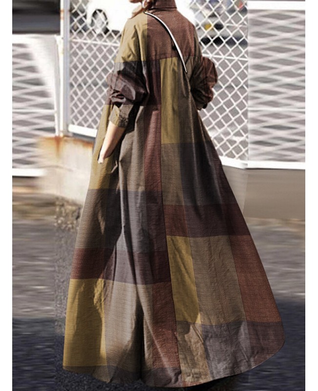 Women Plaid Turn-down Collar Long Sleeve Retro Button Shirt Dresses With Pocket - Yellow S