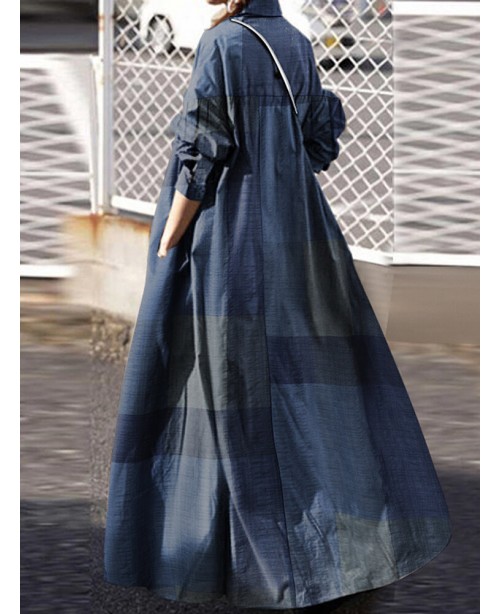Women Plaid Turn-down Collar Long Sleeve Retro But...