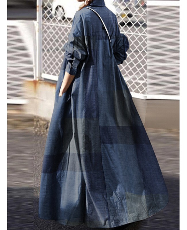 Women Plaid Turn-down Collar Long Sleeve Retro Button Shirt Dresses With Pocket - Yellow S