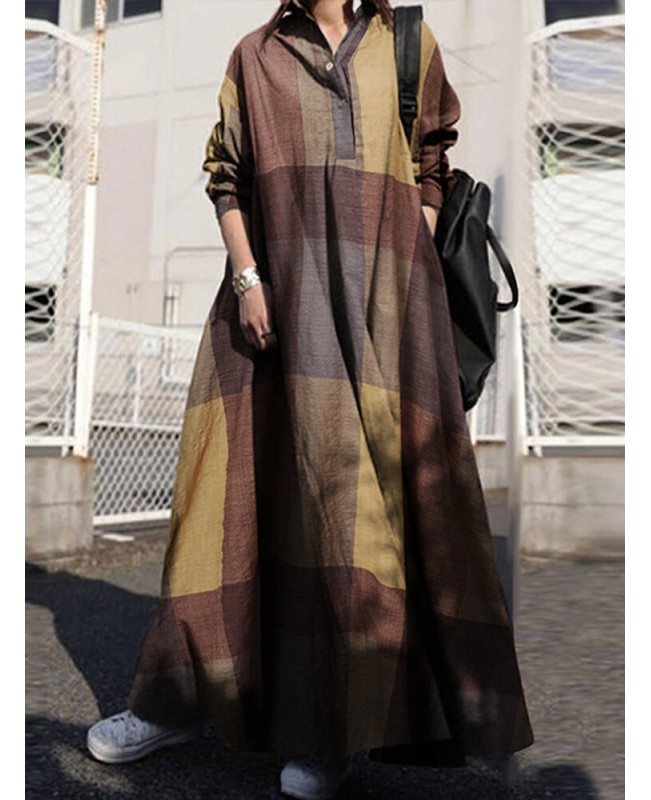 Women Plaid Turn-down Collar Long Sleeve Retro Button Shirt Dresses With Pocket - Yellow S
