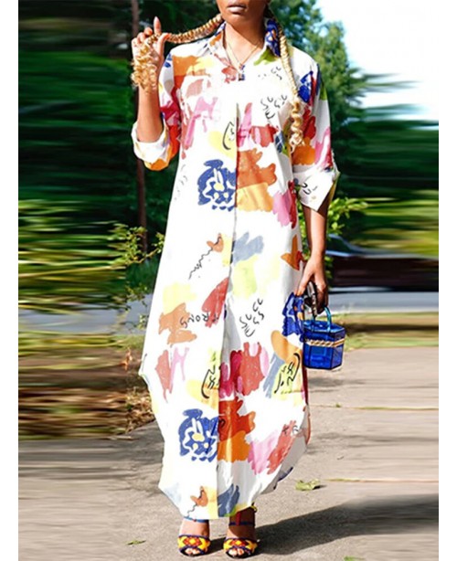 Geo Color Block Pattern Long Sleeve Button Maxi Sh...