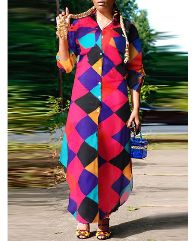 Geo Color Block Pattern Long Sleeve Button Maxi Shirt Dress - White S