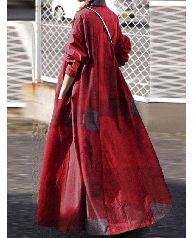 Women Plaid Turn-down Collar Long Sleeve Retro Button Shirt Dresses With Pocket - Yellow S