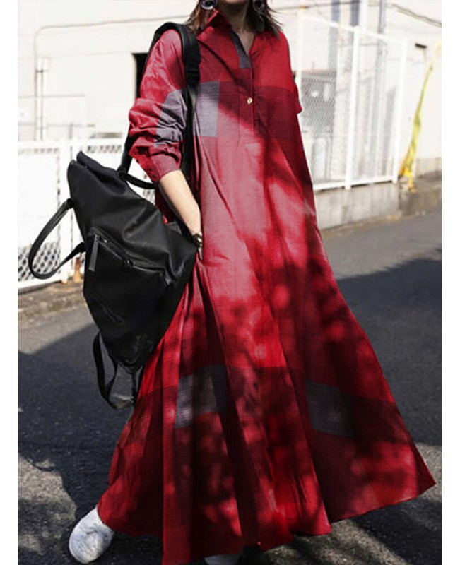 Women Plaid Turn-down Collar Long Sleeve Retro Button Shirt Dresses With Pocket - Yellow S