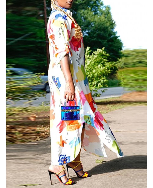 Geo Color Block Pattern Long Sleeve Button Maxi Sh...