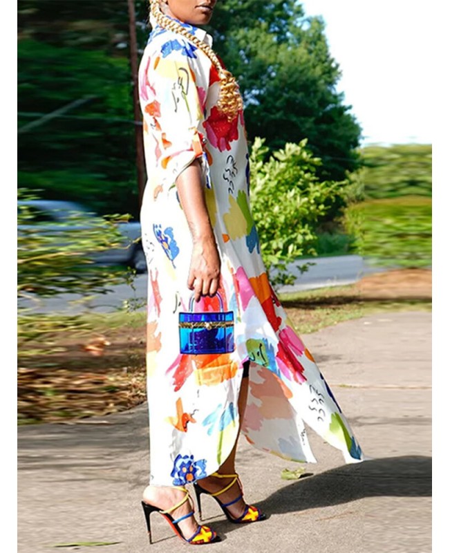 Geo Color Block Pattern Long Sleeve Button Maxi Shirt Dress - White S