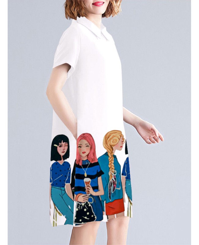 Character Print Pocket Doll Collar Short Sleeve Casual Midi Dress - White S