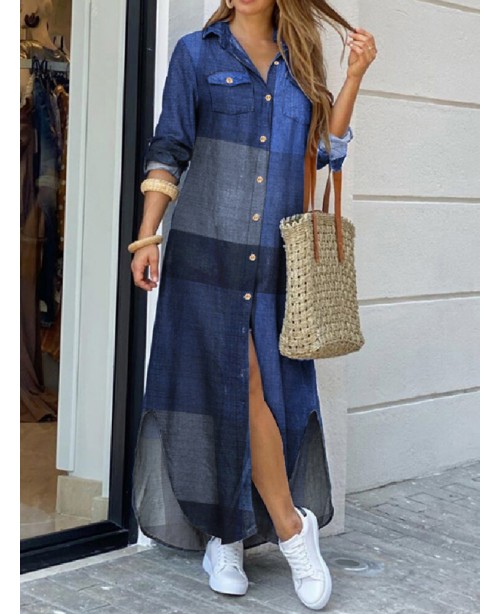 Women Casual Plaid Print Irregular Split Hem Maxi ...