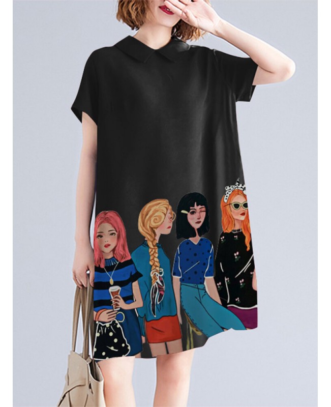 Character Print Pocket Doll Collar Short Sleeve Casual Midi Dress - White S