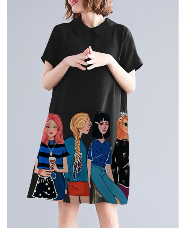 Character Print Pocket Doll Collar Short Sleeve Casual Midi Dress - White S