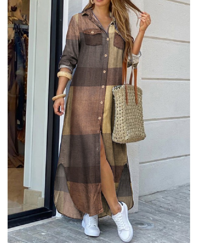 Women Casual Plaid Print Irregular Split Hem Maxi Shirts Dress with Side Pockets - Yellow S