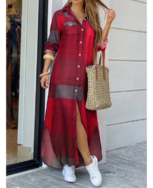 Women Casual Plaid Print Irregular Split Hem Maxi ...
