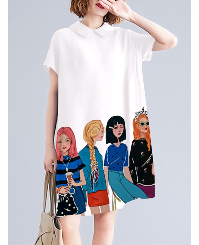 Character Print Pocket Doll Collar Short Sleeve Casual Midi Dress - White S