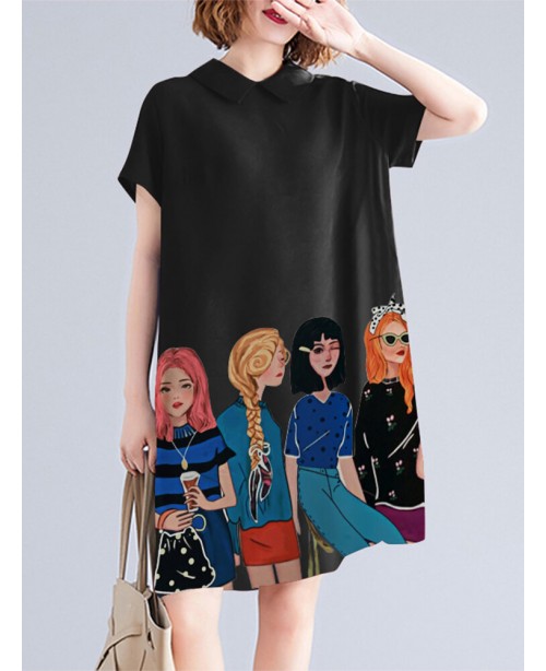 Character Print Pocket Doll Collar Short Sleeve Ca...