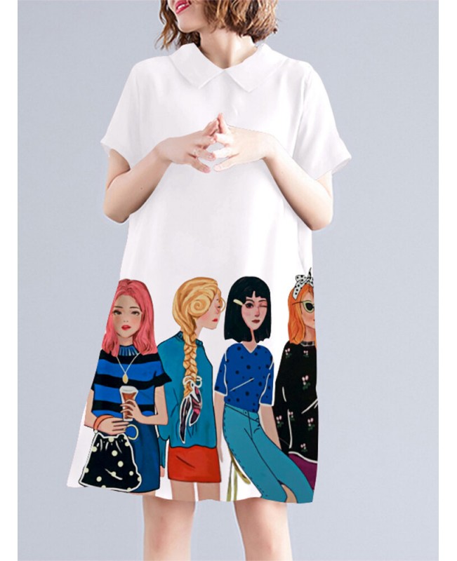 Character Print Pocket Doll Collar Short Sleeve Casual Midi Dress - White S