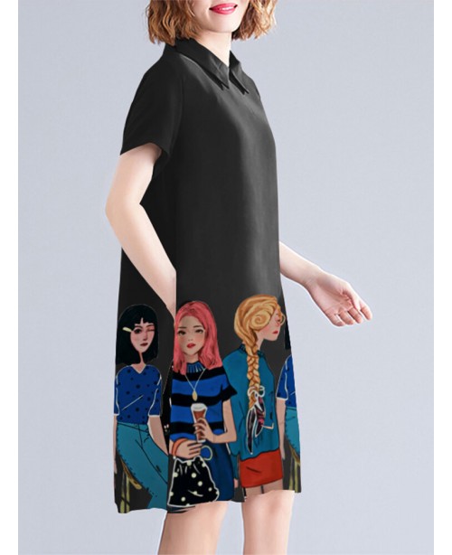 Character Print Pocket Doll Collar Short Sleeve Ca...