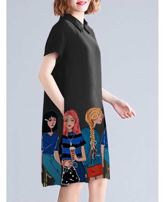 Character Print Pocket Doll Collar Short Sleeve Casual Midi Dress - White S